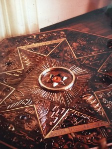 Table glass covered, in copper, brass, enamel, created by Berrell Jensen