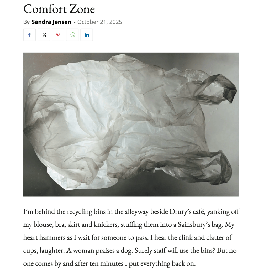 Screenshot of first page of "Comfort Zone", my short story publication at Pangyrus literary magazine, showing an image of a plastic bag and the first paragraph of the story